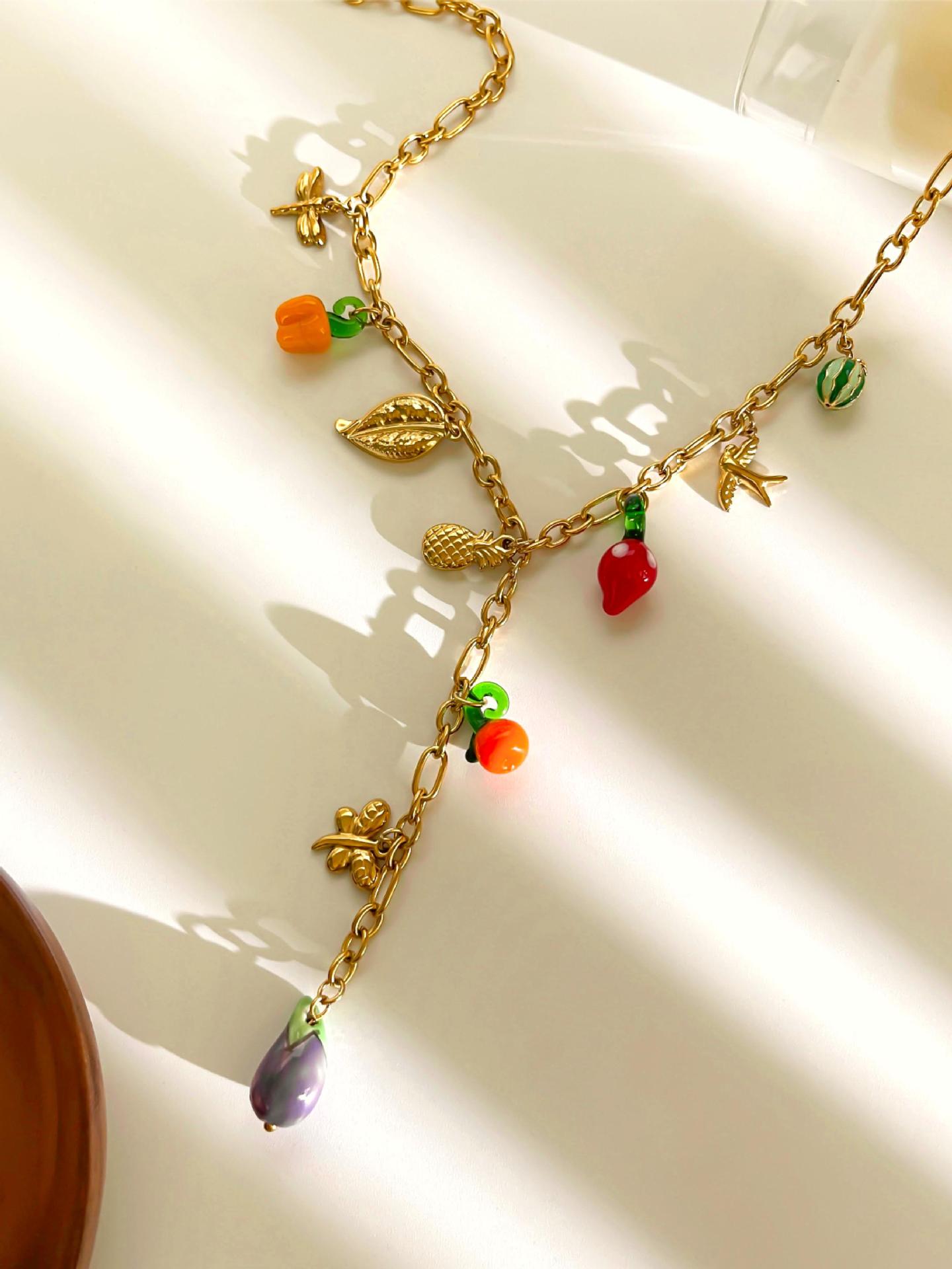 Holiday, Daily Occasion 304 Stainless Steel, glass Material PVD Coated Real Gold Plated Fruit 304 Stainless Steel Glass Simple Style Classic Style Waterproof Non Tarnish Surgical Steel Plating Lobster Trigger Clasp Closure Multi Charms Necklace
