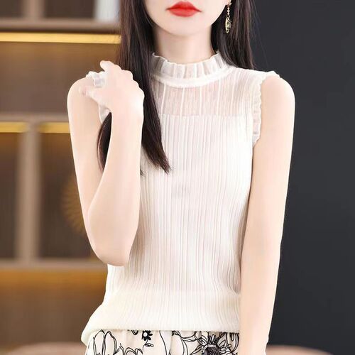 Fine imitation 6 wool new camisole for women, sleeveless top with ear edges, lace hollow inner, fashionable sleeveless T-shirt