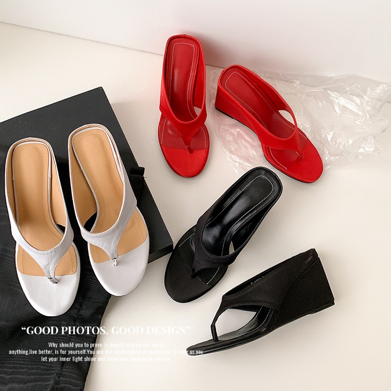 Dép xỏ ngón nữ đế xuồng cao 7 cm phối váy mùa hè — đen, bạc trắng, màu đỏ