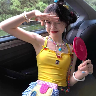 甜辣奶黄色露背绑带多巴胺穿搭吊带背心女夏季修身短款辣妹上衣