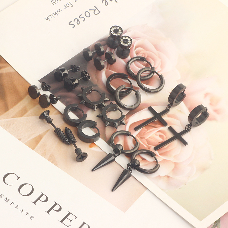 Men's Stainless Steel Earrings Cross Black Round Barbell 11 Pairs Fashion Ear Piercing Set detail image 7