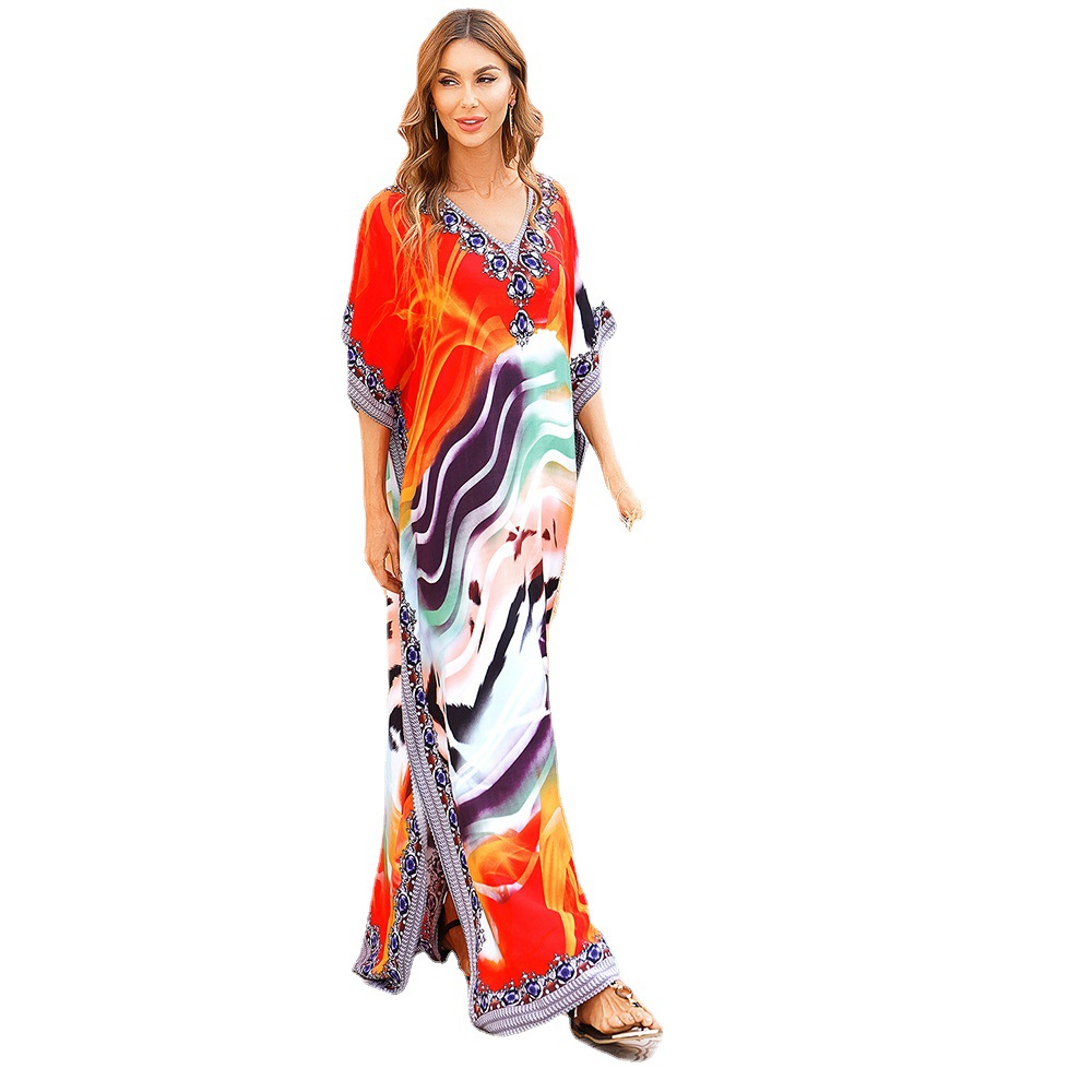 Europeo y americano de cuatro lados estiramiento impreso traje de playa vestido de fiesta vestido bikini protección solar camisa traje de baño femenino 1D28