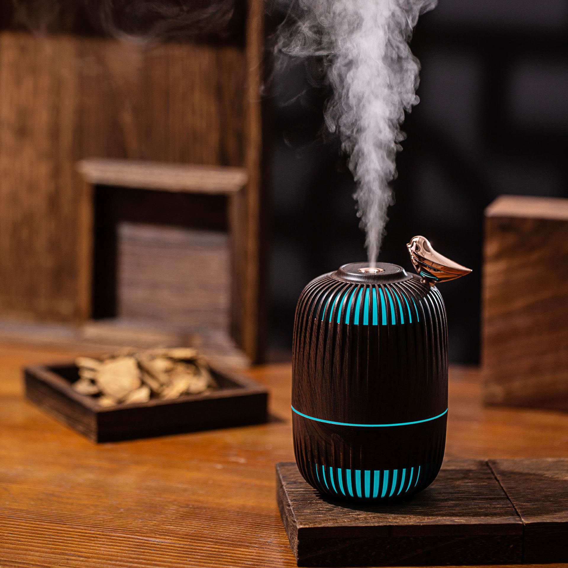 Home Dream Bird Wood Grain Humidifier Bedroom Essential Oil Aromatherapy Machine Mist Mute Hollow Bird Cage USB Humidifier