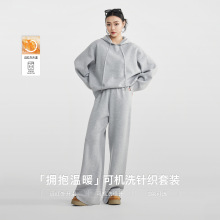 她展 女装纯色连帽女士针织套装2025冬新款帽衫阔腿裤两件套女.