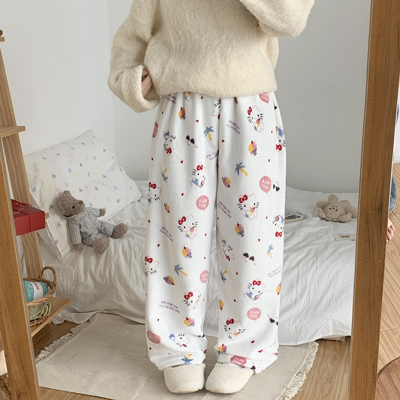 New Autumn and Winter Flannel Cartoon Sweet Kt Cat Warm Pants for Students and Girls, Suitable for Export, Sleepwear and Home Wear