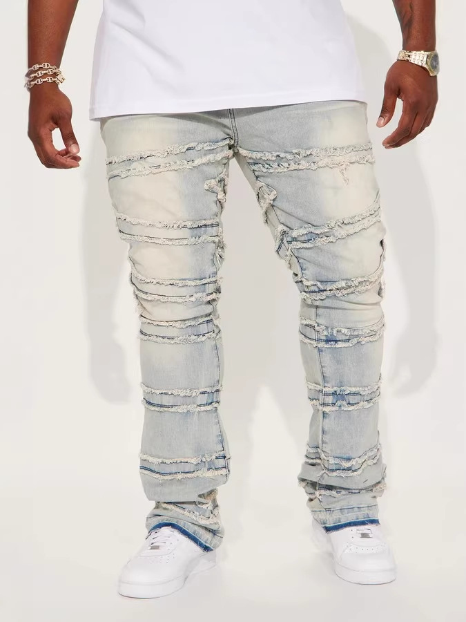 Pantalones de herramienta de vaqueros para hombres, pantalones de estilo rectos de moda europeos y estadounidenses, pantalones elásticos de vaqueros laminados, pantalones de hombre