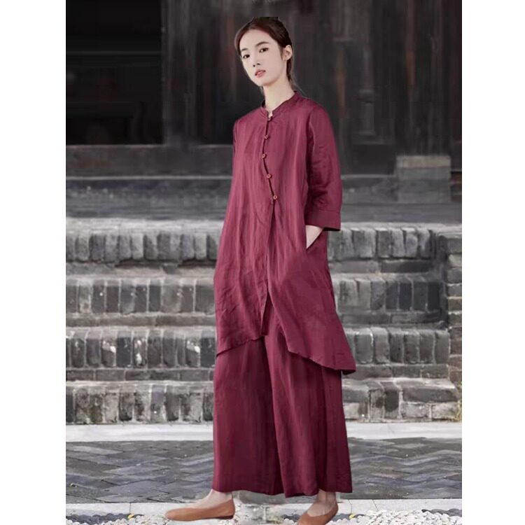 Women's Summer Zen Meditation Outfit, Buddhist Zen Style Simple Clothing Set, Chinese Style Ramie Two-Piece Set, Diagonal Collar Layperson Meditation Clothing