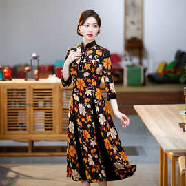2026新款时尚改良复古修身显瘦满印花日常长款旗袍连衣裙礼服女