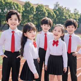 儿童白衬衫加绒长袖男童衬衣黑裤女童表演出服小学生秋冬班服朗诵
