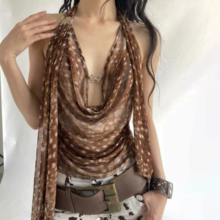 夏季丝滑挂脖荡领金属扣小鹿斑比波点印花辣妹吊带性感露背上衣女