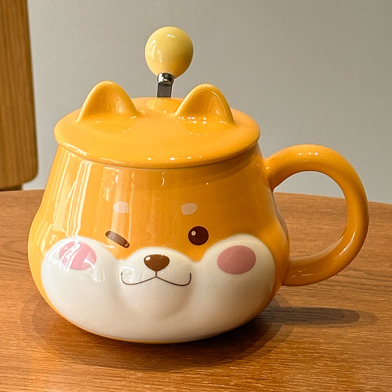 2024 Taza Shiba Inu creativa y linda con tapa, cuchara, taza de cerámica para el hogar de alto valor, taza de agua para parejas, regalo de mano