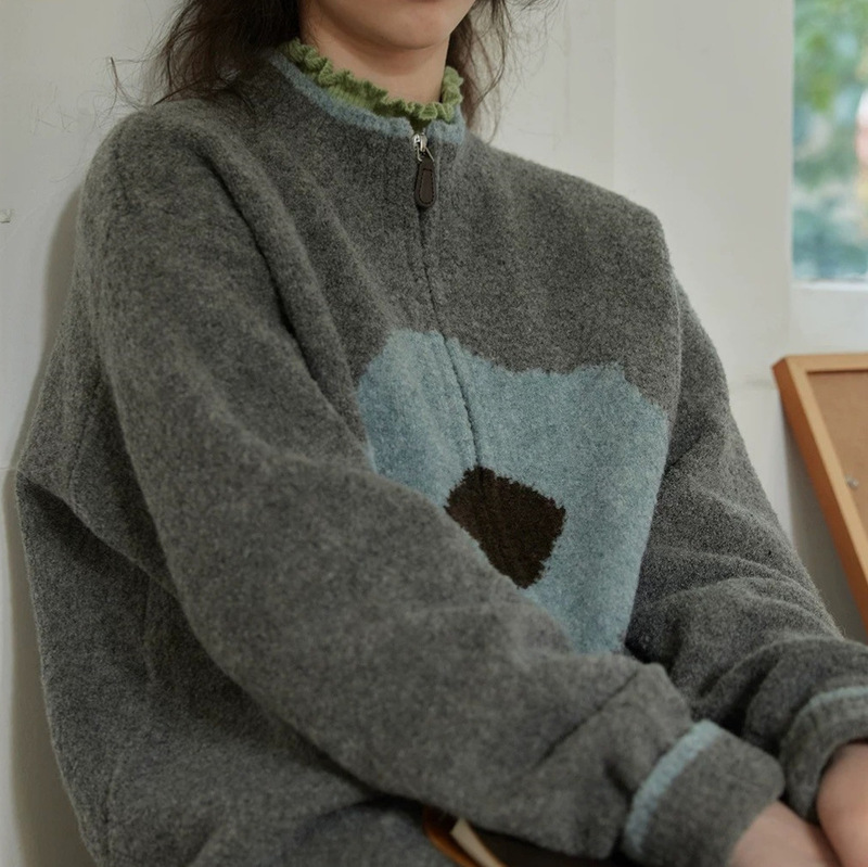 [in Stock] Retro Color-Block Floral Zipper Wool Knit Cardigan for Women, Autumn/Winter Lazy Style Soft Sweater Coat