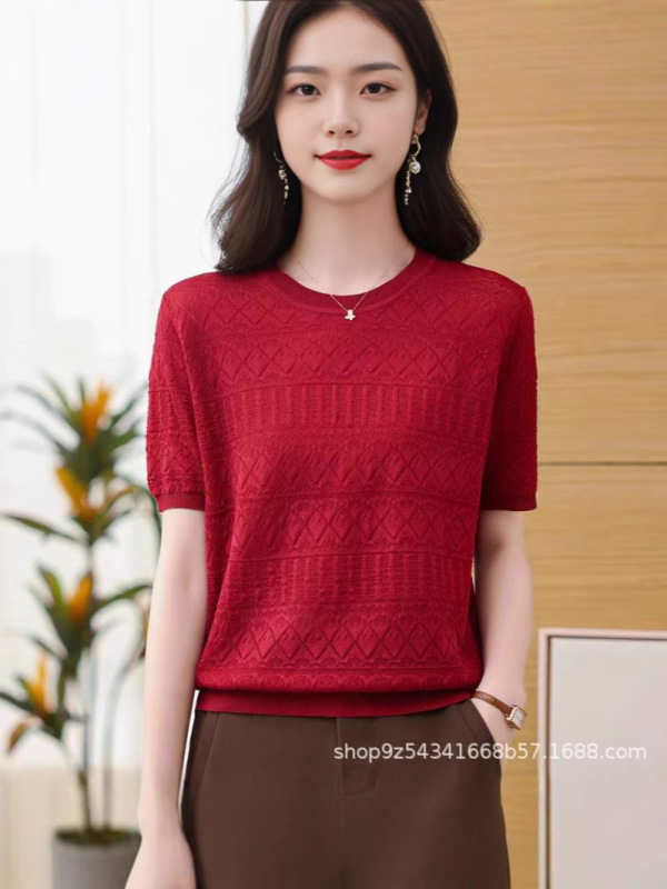 アイスシルクセーターラウンドネック半袖Tシャツ女性用2025夏の新しいスタイルのルーズ中空薄手のシャツトップ|undefined