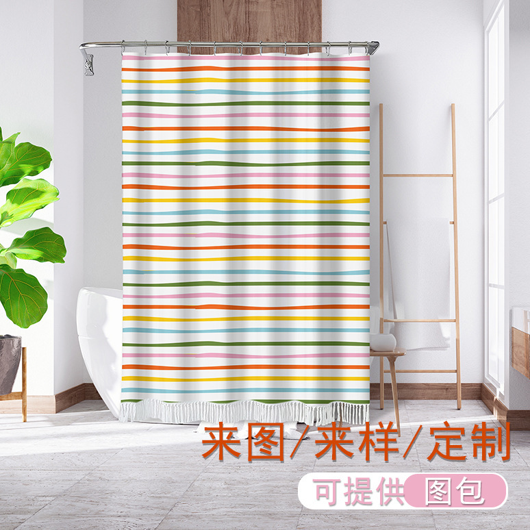 Cross-border printing farmhouse cotton and linen shower curtain stitching tassel bathroom partition shower curtain custom factory supply