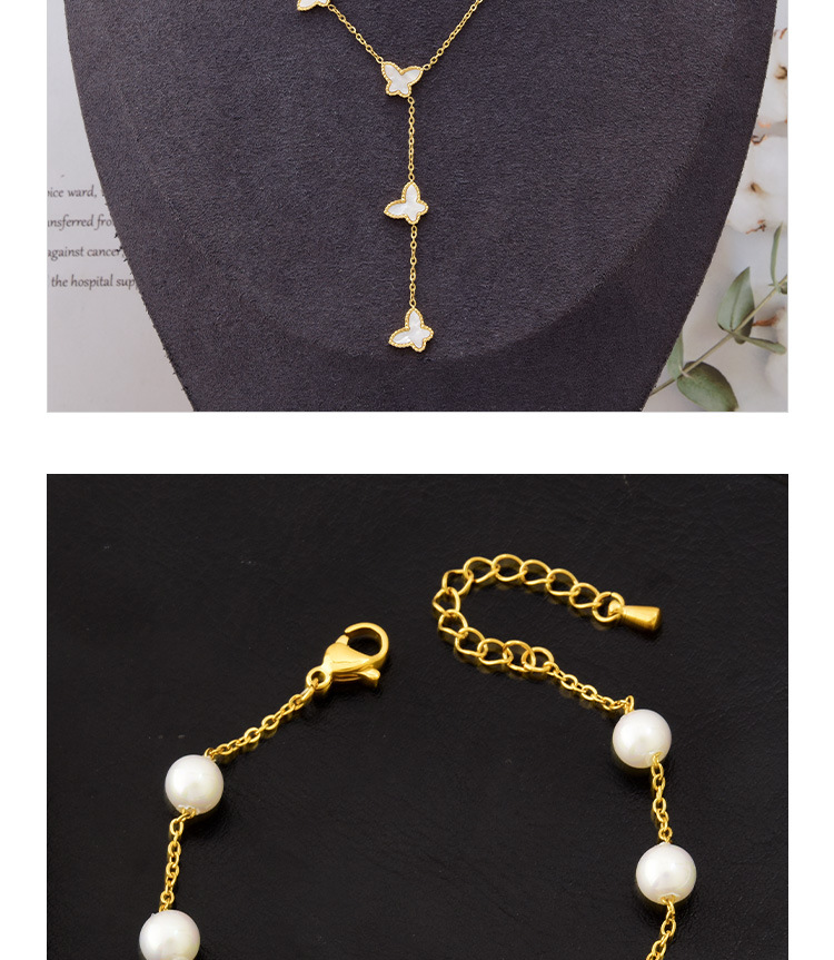 Fashion Butterfly Titanium Steel Inlay Artificial Pearls Shell Bracelets Necklace