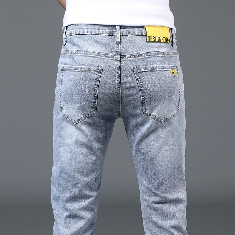 Printemps et automne mince hommes jeans tendance polyvalent couleur claire minceur petite jambe coquin beau mode lavé décontracté_voghion.com