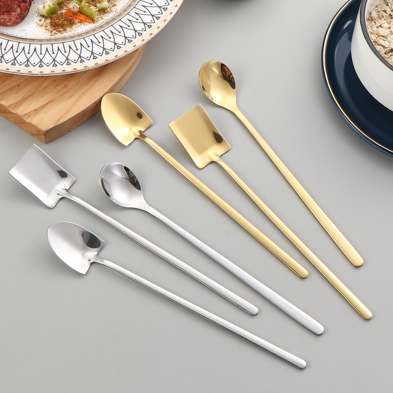 Fábrica directa 304 cucharas de hielo de acero inoxidable creativas cucharas de oro de titanio de mango largo bar de café té de leche regalos
