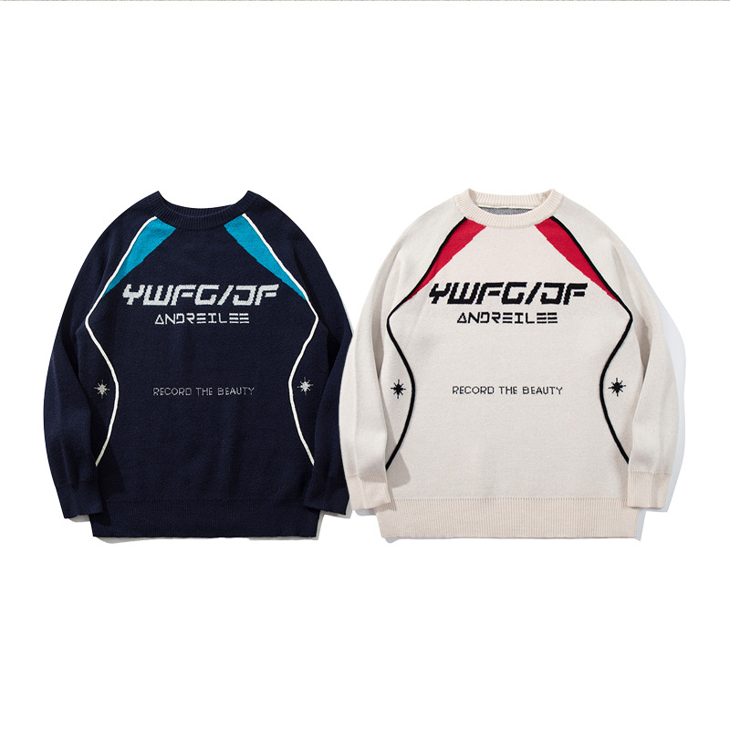 YWFG ropa de mujer americana retro letras de otoño 2024 pareja alta versátil cuello redondo manga larga suéter de punto image 5