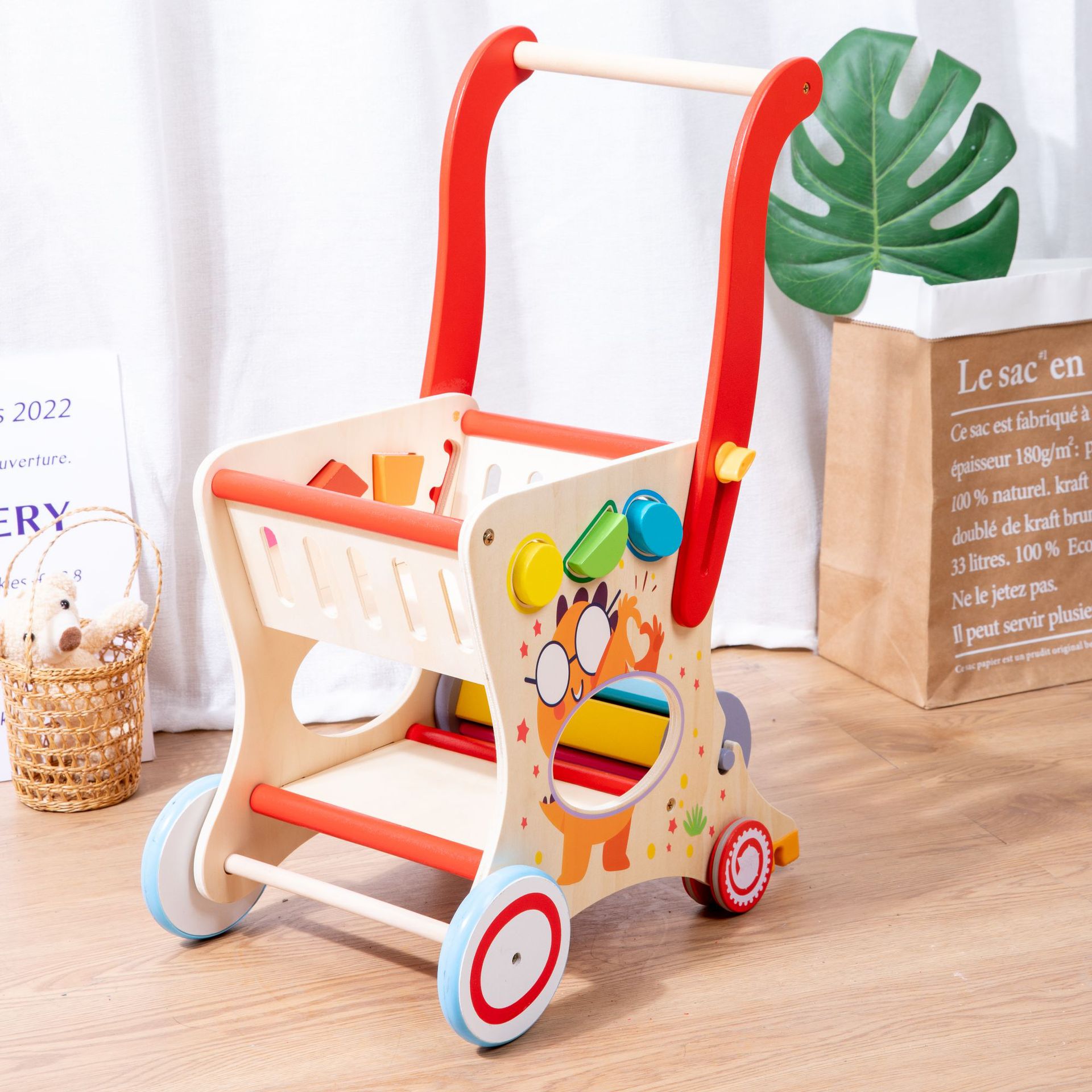 Venta directa de fábrica nuevo multifuncional niños empuje de la mano de juguete carrito de compras Niño de madera supermercado Carro de juguete Coche