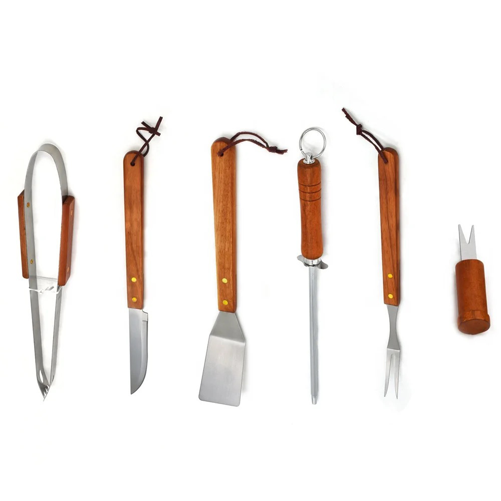 Amazon acero inoxidable mango de madera parrilla set de herramientas de bebida salvaje al aire libre BBQ casa parrilla combinación set de bolsa de tela