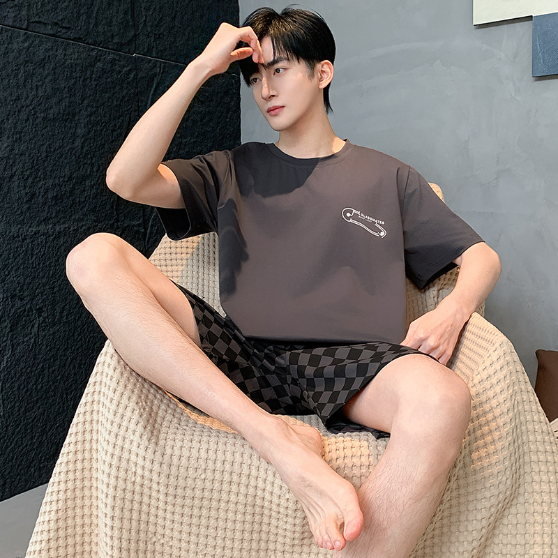 100% 純綿パジャマ男性半袖夏の薄いタイプの青少年カジュアルでゆったりした綿100% の家庭服セット