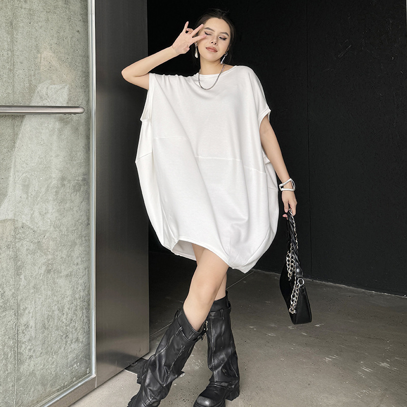 Retro Hong Kong Style Bat-Shaped Loose Sleeveless Solid Color Dress for Women Summer New Casual Slim Personalized Mid-Length Skirt