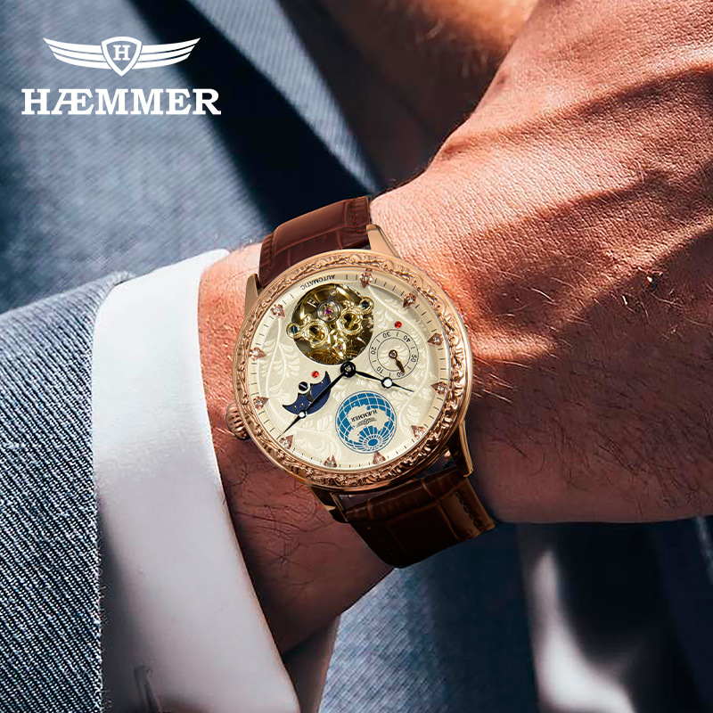 Đồng hồ cơ nam tự động tourbillon lộ máy, vỏ hồng trắng dây da cà phê — Vỏ hồng trắng da cà phê