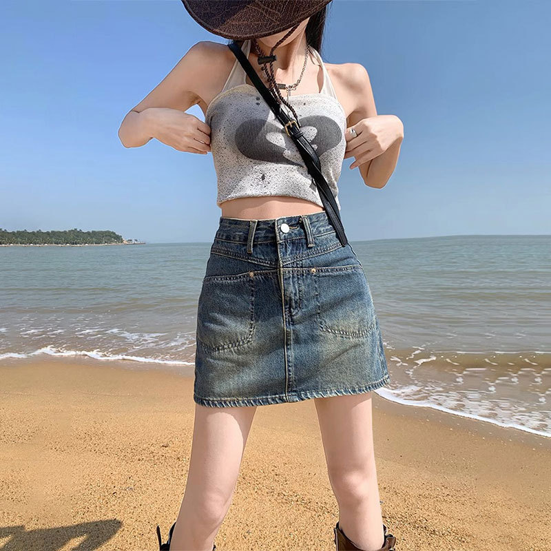 Split Pocket Design Half-length Denim Skirt Women's Vintage Ins Style Hot Girls Internet Popular High Waist A- Line Hip Skirt Summer