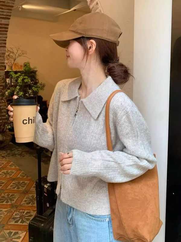 法式复古拉链翻领毛衣外套女秋季穿搭奶呼呼软糯宽松针织开衫上衣|undefined
