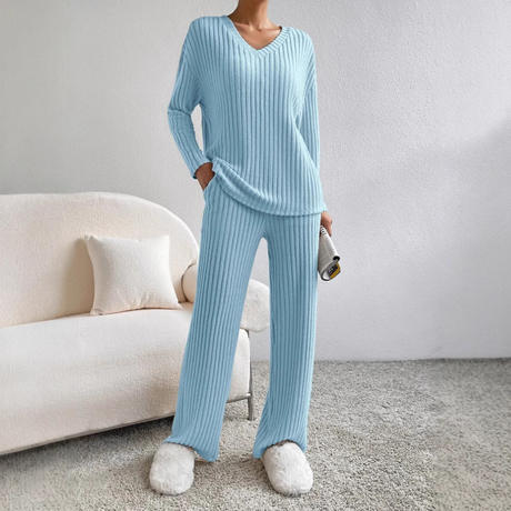 Cross-Border Women's Loungewear Autumn and Winter New Fashion Casual Straight-Leg Pants Loose V-Neck Ribbed Knit Long-Sleeve Set