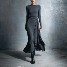 独立站欧美2025跨境秋冬新品女装纯色精致裹身长裙结饰长袖连衣裙