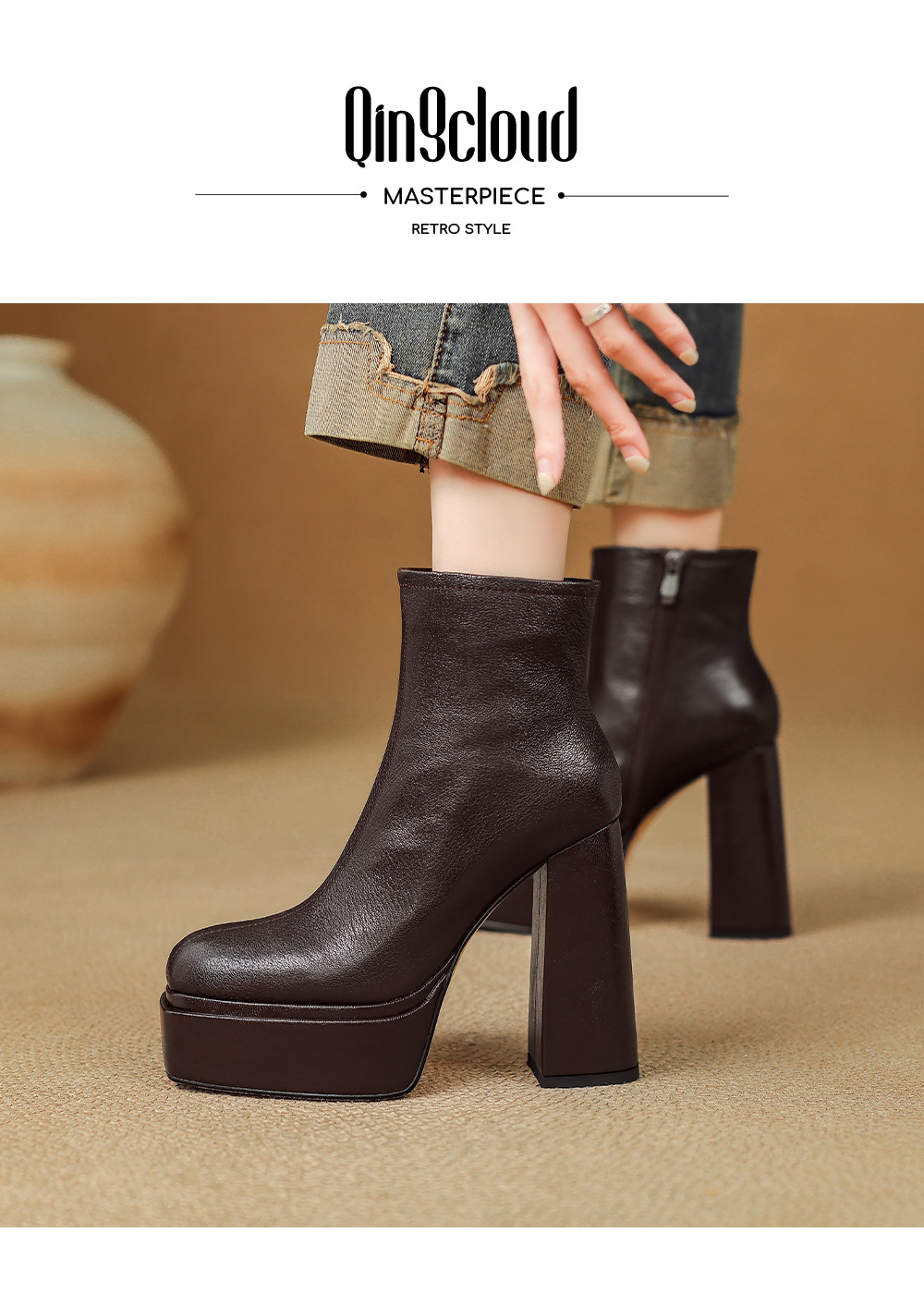 Boot nữ cổ cao ôm chân da dê mềm gót vuông đế xuồng 12.5 cm — Lớp lót nhung đen chi tiết 2