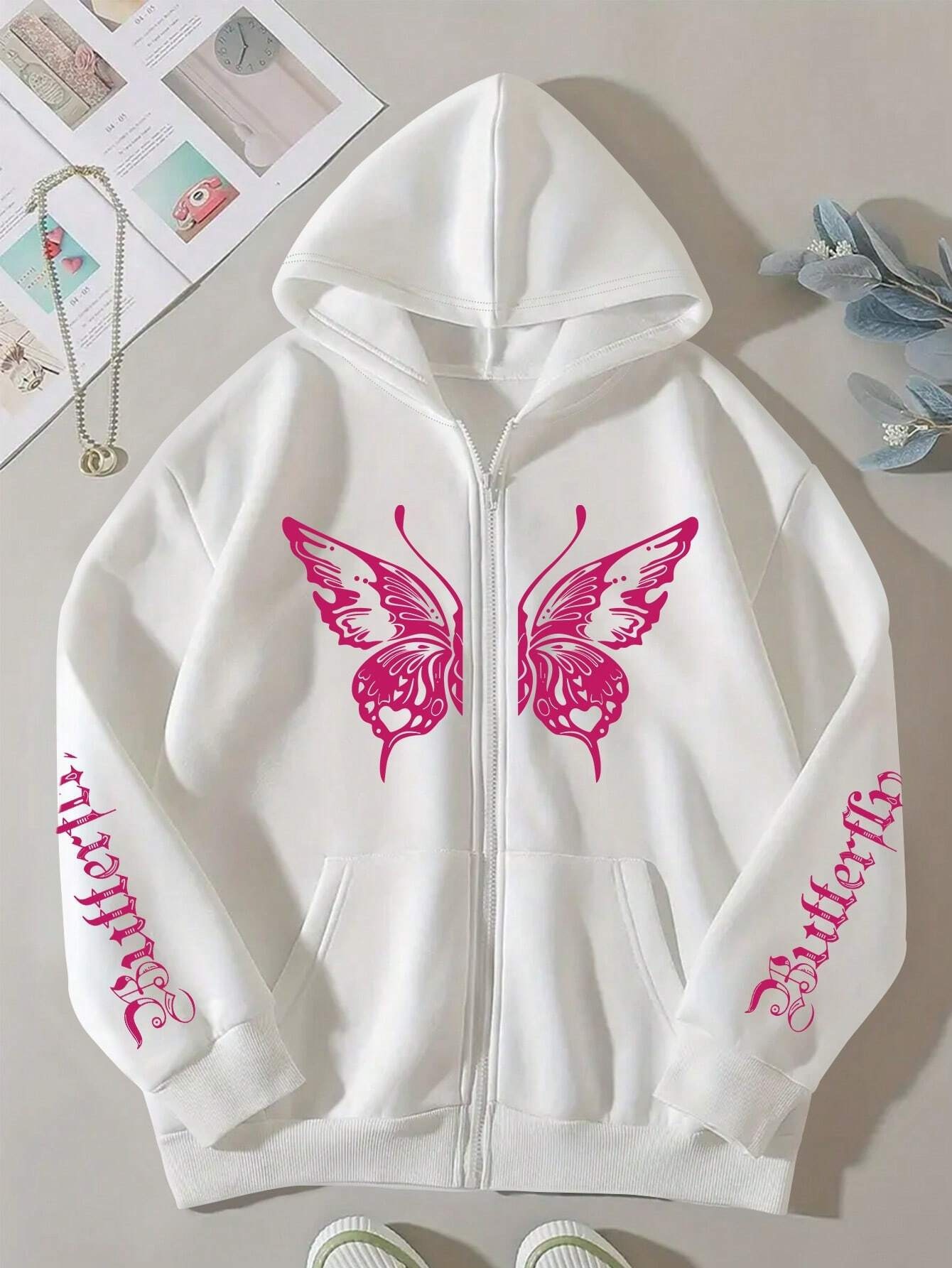 Tendencia transfronteriza mariposa capucha suéter mujer estilo coreano cremallera suelta abrigo otoño e invierno engrosado suéter de mujer de terciopelo