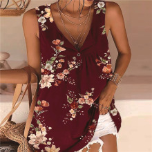 2023春夏季跨境亚马逊wish欧美女装印花V领扭扣无袖背心女上衣