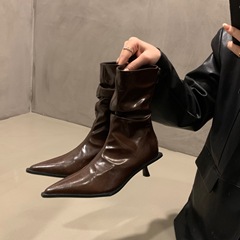 法式气质高跟瘦瘦短靴女鞋2025新款棕色秋冬季加绒尖头靴小裸靴子