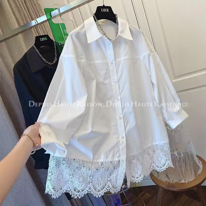 High plus size White Shirt Lace Stitching Shirt Loose Spring Top 2025 Design New Long Sleeve Shirt