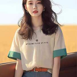 棉质正肩撞色拼接宽松慵懒短袖t恤女2026夏季新款感体恤上衣