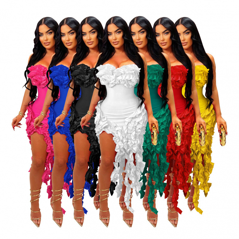 Al262 Amazon Latin American and European Women's Fashion Ruffled Dress Sexy Strapless Gown with Flounce for Summer