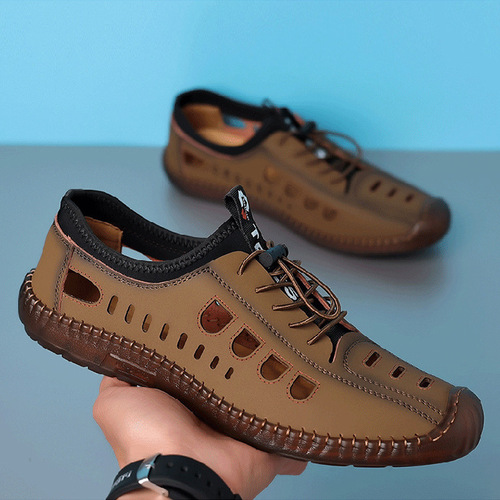 2024 new summer men's hollow sandals, tendon soft-soled casual shoes, breathable soft leather handmade clogs