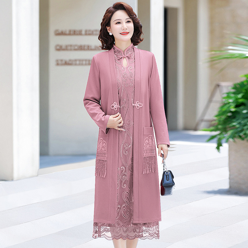 中老年妈妈喜服气质两件套高端喜婆婆婚宴秋装长袖蕾丝连衣裙套装|undefined