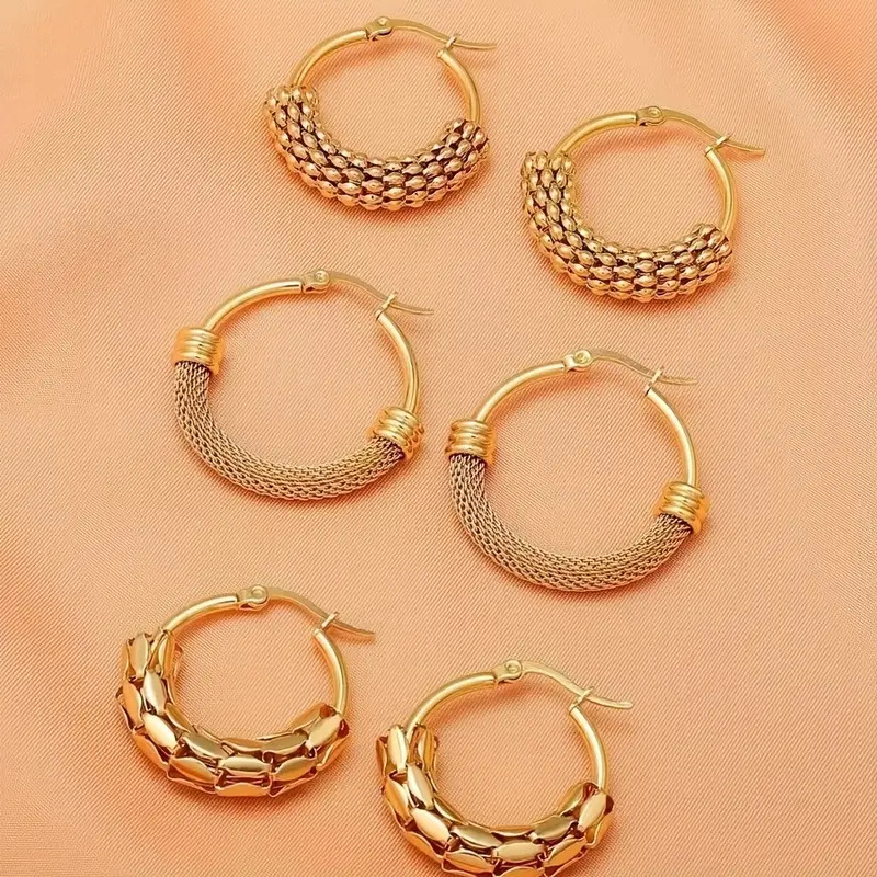 Cross-Border European and American Style Stainless Steel Mesh Rice Ear Hoop Metal Cut Out Design Personalized 18K Gold Jewelry Earrings