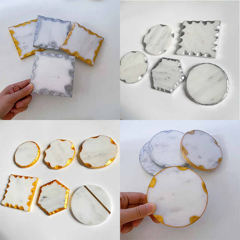 Fábrica al por mayor de mármol natural posavasos ins Borde de oro y plata montaña nórdica borde mantel Venta caliente