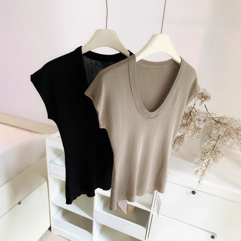 Summer Tencel Lyocell Goose Egg Collar Slim Fit Knitted Short Sleeve Top for Women Summer Tencel Lyocell Goose Egg Collar Slim Fit Knitted Short Sleeve Top for Women