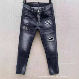 C099微弹水洗夜店修身时尚破洞补丁D2男装牛仔裤黑色潮休闲百搭