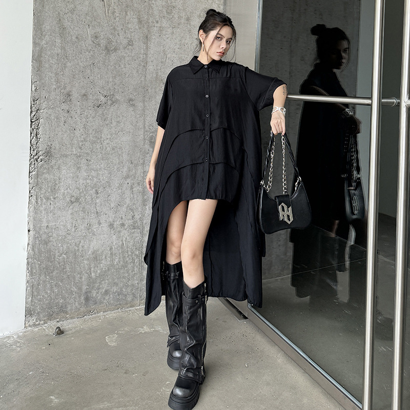 Yamamoto Diablo Irregular Design Short-sleeved Shirt dress Summer New Loose Slimming Casual Midi Dress