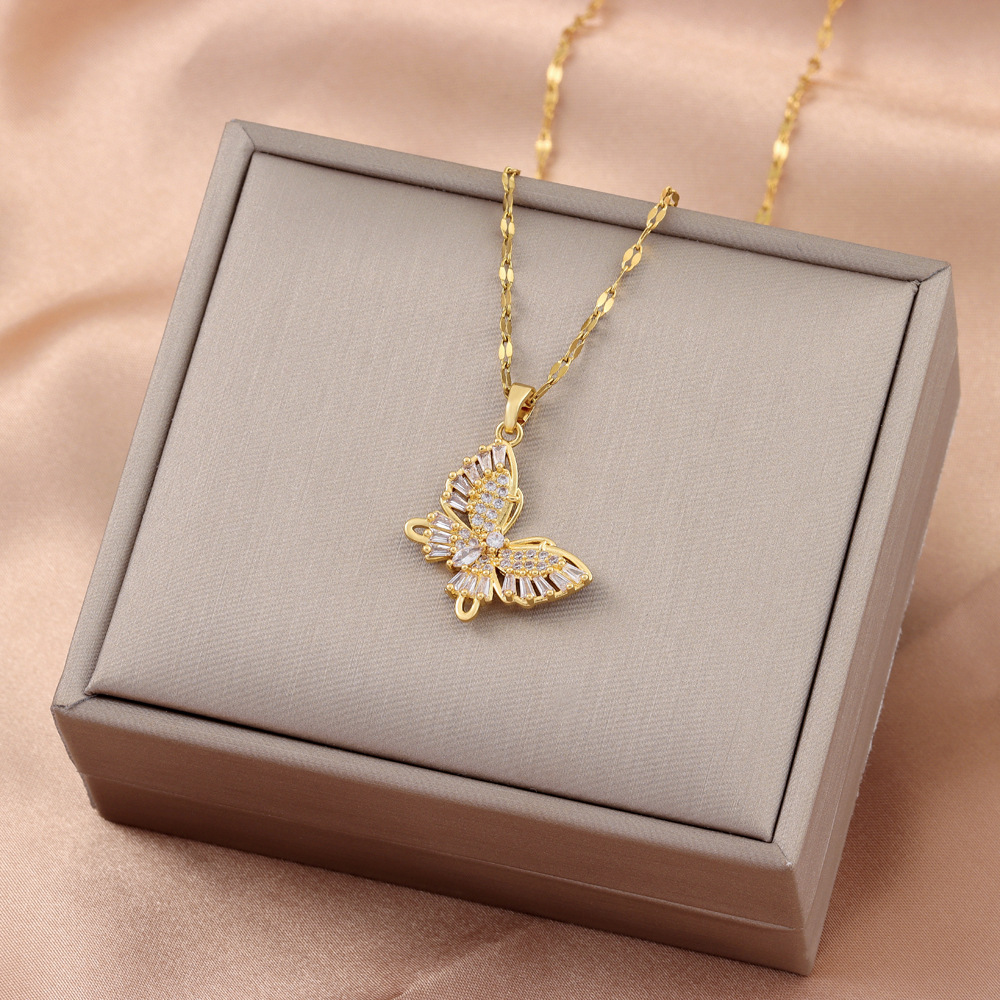 Ig Style Butterfly Stainless Steel Plating Inlay Zircon 18k Gold Plated Pendant Necklace display picture 2