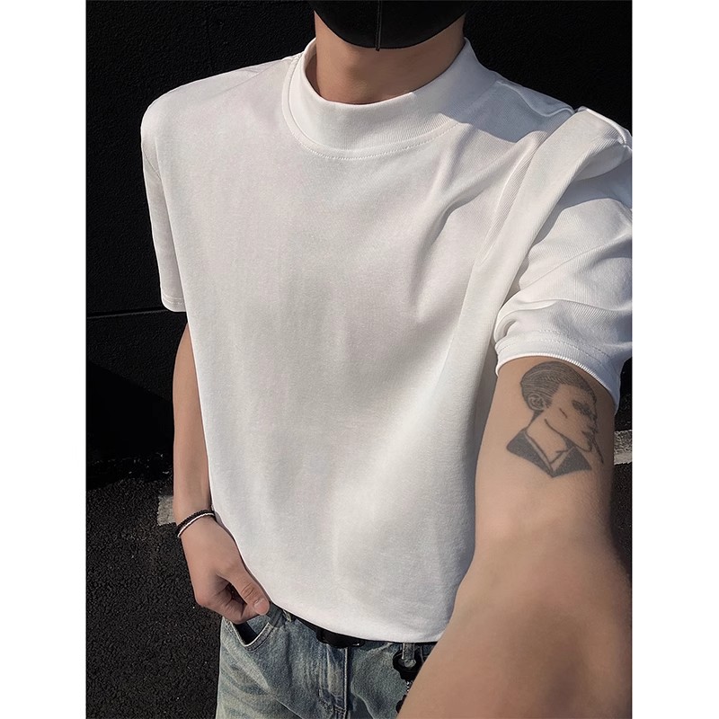 삼중바느질 반하이넥 반팔 티셔츠 남성 여름 하이스트리트 2025 반팔 의류 삼중바느질 티셔츠 해외 공급