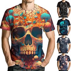 2025 Cross-Border New Arrival Wholesale Skull Digital Print European & American Streetwear Men's 3D-Printed Loose-Fit Sports T-Shirt