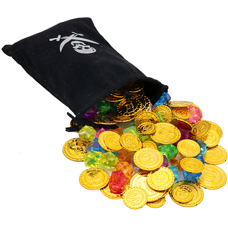 Monedas de oro piratas Halloween props fichas monedas accesorios de juegos de mesa bolsas de monedas de juguetes de plástico monedas de caza del tesoro monedas de oro