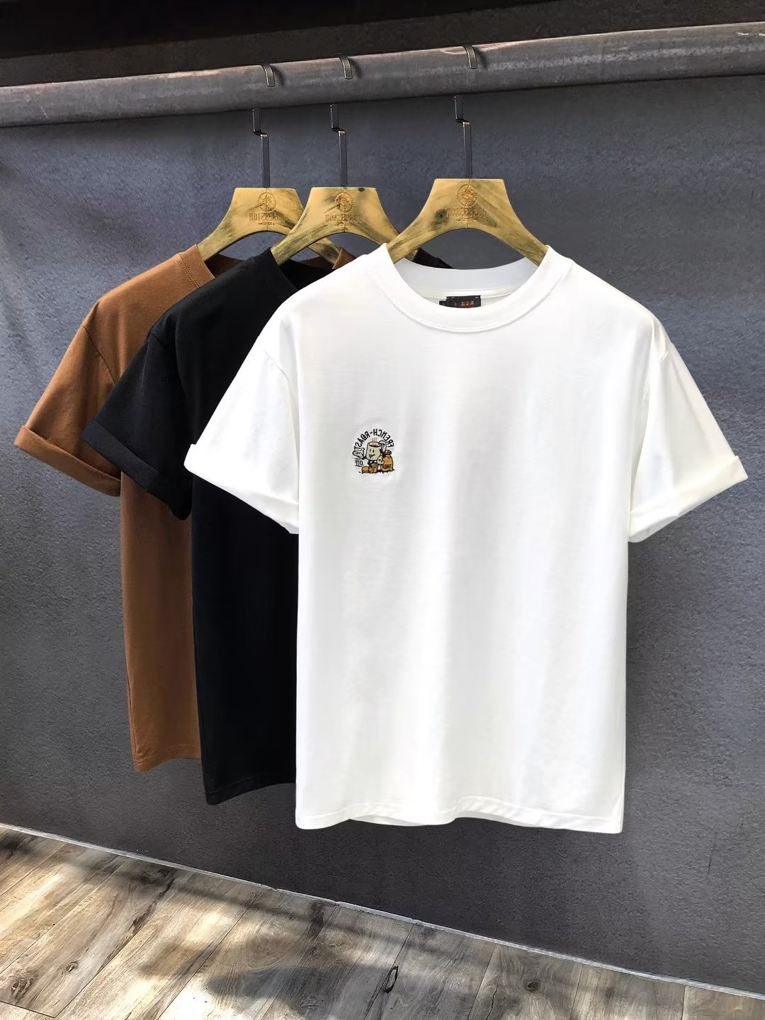 American latte coffee cup embroidery trdy brand round neck white short m's summer half sleeved T-shirt clothes for_voghion.com